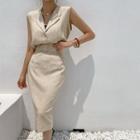 Set: Sleeveless Pintuck-hem Blouse + Linen Blend Skirt