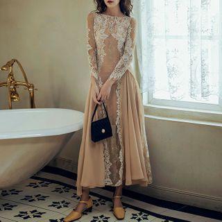 Short-sleeve Lace Midi Dress / Scarf / Set