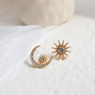 Non-matching Rhinestone Crescent & Star Earring 1 Pair - Gold - One Size