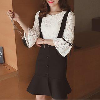Set: 3/4 Sleeve Lace Blouse + Ruffle Hem Suspender Skirt