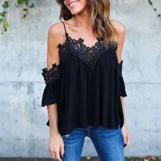 Spaghetti-strap Off-shoulder Panel Lace Camisole Top