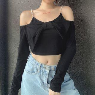 Cold-shoulder Faux Pearl Strap T-shirt