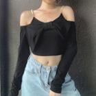 Cold-shoulder Faux Pearl Strap T-shirt