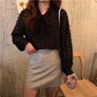 Tie Neck Blouse / Faux Leather A-line Skirt