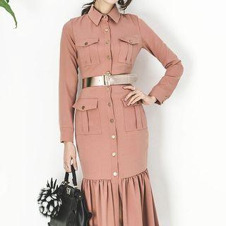 Pocketed Long-sleeve Collared Dress
