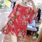 Elbow-sleeve Strappy Floral Chiffon Dress