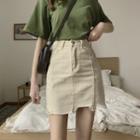 Asymmetric Frayed Hem Denim Mini Skirt