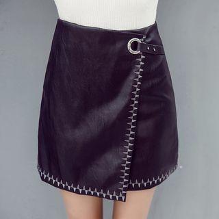 Embroidered A-line Faux Leather Skirt