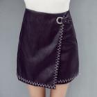 Embroidered A-line Faux Leather Skirt
