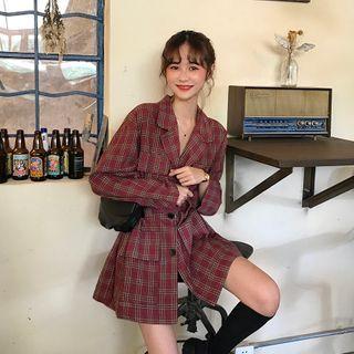 Long-sleeve Plaid A-line Mini Shirtdress