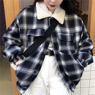 Furry-trim Plaid Buttoned Jacket Plaid - Sapphire Blue - One Size