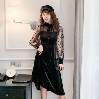 Lantern-sleeved Velvet Patchwork Mesh Bow Dress