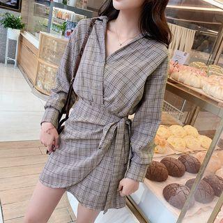 Plaid Asymmetrical Mini Shirt Dress As Shown In Figure - One Size