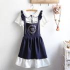 Bow Short-sleeve Top / Embroidered Pinafore Dress / Set: Bow Short-sleeve Top + Embroidered Pinafore Dress
