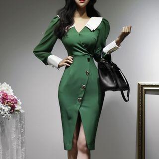 Long-sleeve Asymmetrical Button-up Slit Sheath Dress