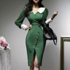 Long-sleeve Asymmetrical Button-up Slit Sheath Dress