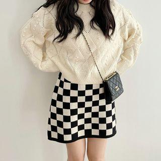 Chessboard Pattern Knit A-line Skirt Black & White - One Size