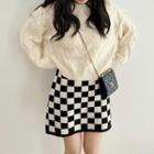 Chessboard Pattern Knit A-line Skirt Black & White - One Size