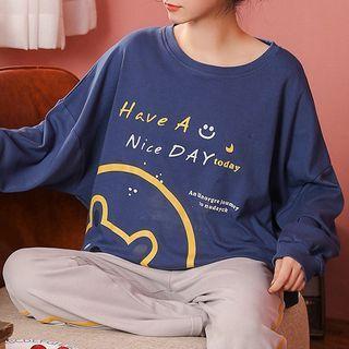 Loungewear Set : Long-sleeve Cartoon Print Top + Pants
