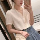 Faux-pearl V-neck Short-sleeve Blouse