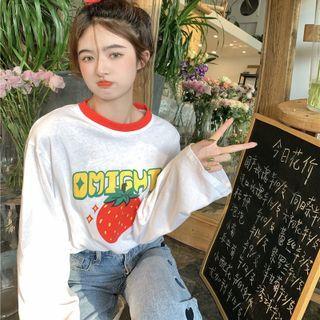 Long-sleeve Strawberry Print T-shirt White - One Size
