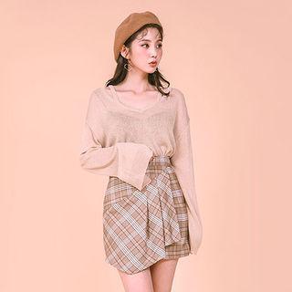 Drape-front Mini Plaid Skirt