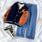 Color Block Baseball Jacket / Sweater / Straight Fit Jeans