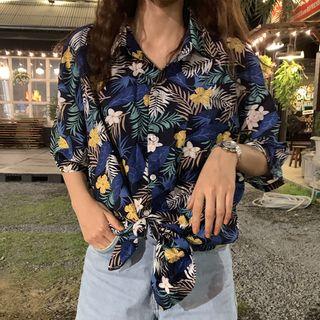 Elbow-sleeve Floral Print Shirt Blue - One Size
