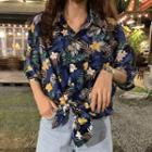 Elbow-sleeve Floral Print Shirt Blue - One Size