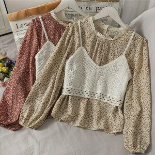 Set: Lace-trim Loose-fit Floral Top + Open-knit Vest