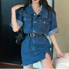 Short-sleeve Distressed Denim Mini Shirt Dress