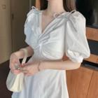 Short-sleeve Crinkled Mini A-line Dress White - One Size