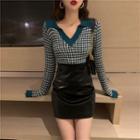 V-neck Contrast Color Long-sleeve Knit Top Plaid Sweater - Green - One Size
