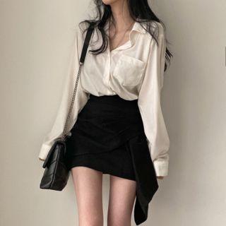 Long-sleeve Plain Shirt / Asymmetrical A-line Mini Skirt