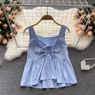 V-neck Drawstring Ruffle Sleeveless Top
