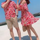 Couple Matching Elbow-sleeve Cold Shoulder Patterned A-line Mini Dress / Short-sleeve Shirt