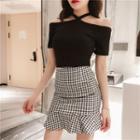 Halter Short-sleeve Top / Plaid Ruffle Hem Mini Pencil Skirt / Set