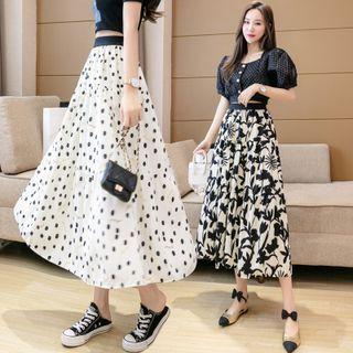 Elastic Waist Print Midi A-line Skirt