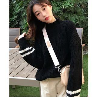Mock-neck Striped Trim Chunky Knit Sweater