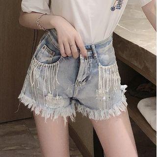 Rhinestone-fringed Denim Shorts