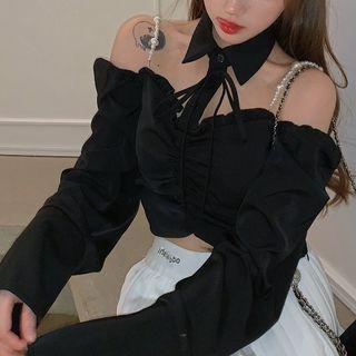 Off-shoulder Beaded Cropped Blouse Black - One Size