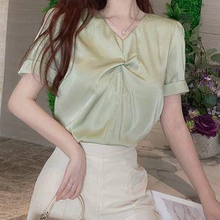 Short-sleeve Twist-front Chiffon Blouse / Boot-cut Pants