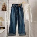 High-waist Frayed Washed Jeans