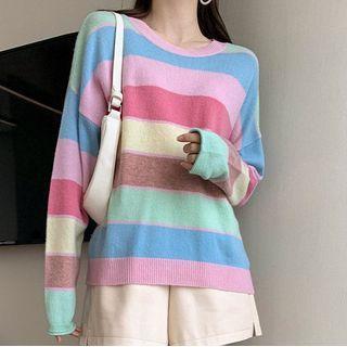 Rainbow Striped Loose Fit Sweater Striped - Blue & Pink & Green - One Size