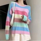 Rainbow Striped Loose Fit Sweater Striped - Blue & Pink & Green - One Size