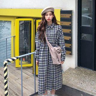 Half-placket Plaid Cotton Shirtdress