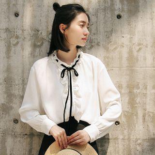 High-neck Ruffled Bow Accent Blouse