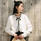 High-neck Ruffled Bow Accent Blouse