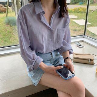 Long Sleeve Crinkled Sheer Shirt Purple - One Size