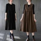 V-neck Button-up Midi A-line Overall Dress